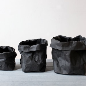 Black paper bag, washable paper, storage bag, basket, bin, pot, planter, Minimalist, Simple living, Rustic, wabi sabi, home office