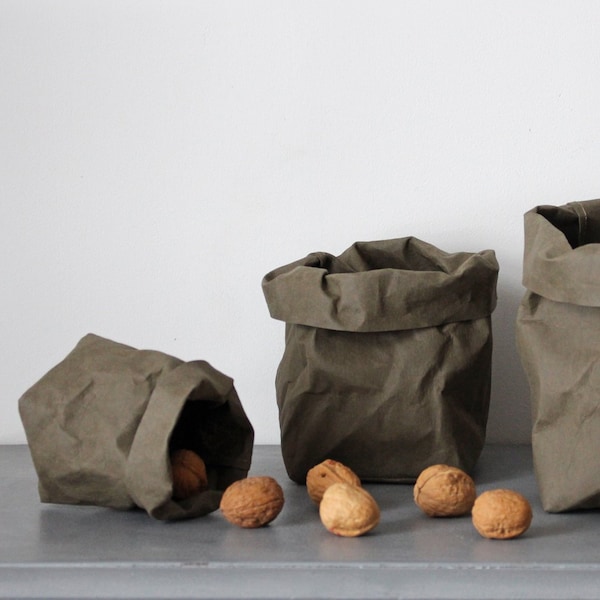 Khaki Washable Paper Storage Bag: Eco-Friendly Minimalist Organizer, Earthy green, warm texture, soft shapes