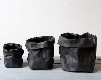 Black paper bag, washable paper, storage bag, basket, bin, pot, planter, Minimalist, Simple living, Rustic, wabi sabi, home office