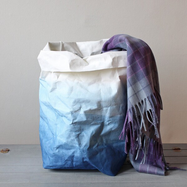 Paper bag storage, Indigo Blue & White, Cobalt blue, washable paper basket, laundry, hamper, home décor, paper bucket, interior décor