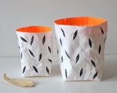 Paper bag, washable paper pot, White and Black, leaves pattern, seeds, neon orange, fluorescent, Autumn, Fall, Hamper basket, Gift