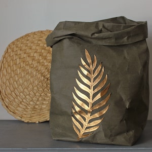 Palm leaf design, gold leaf, washable paper bag, botanical print, art, aplique, hamper, laundry, living room, home decor, boho