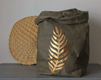 Palm leaf design, gold leaf, washable paper bag, botanical print, art, aplique, hamper, laundry, living room, home decor, boho