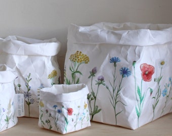 Sac en papier design fleurs des prés, corbeille en papier lavable, décoration nature, été dans votre maison, fleurs sauvages, jardin