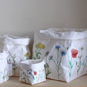Meadow flowers design paper bag, washable paper basket, nature decor, summer in your home, wild flowers, garden image 1