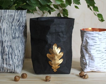 Washable paper bag, oak leaf, gold leaf, forest inspired, natural, eco, nursery decor, laundry bag, hamper, original gift, autumn