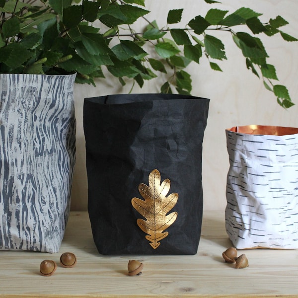 Washable paper bag, oak leaf, gold leaf, forest inspired, natural, eco, nursery decor, laundry bag, hamper, original gift, autumn