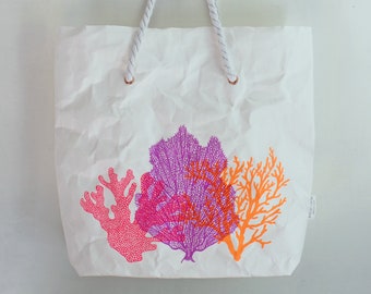 Coral design beach tote bag, made from washable paper, neon corals, bright and bold, screen printed