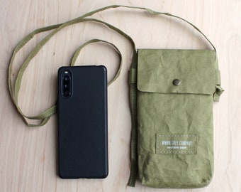 Mobile phone cross body bag, slim phone bag, cell phone bag, carry case, made from washable paper
