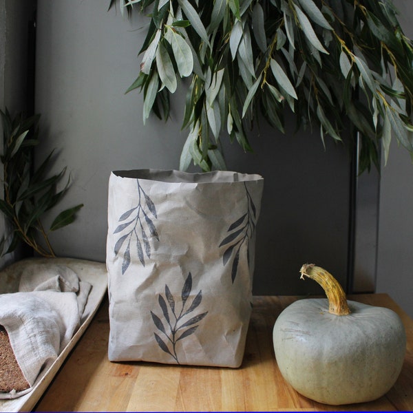 Conception de feuilles de saule gris, panier en papier lavable, rangement de salle de bain, rangement de cuisine, vie verte, écologique, durable