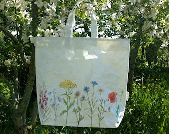 Sac en papier, sac en papier lavable, motif fleurs de prairie sauvage, impression botanique