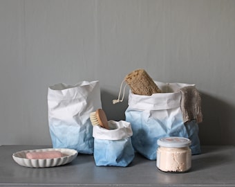 Paper bag storage, Ombre - Indigo Blue & White washable paper bag, cobalt blue, basket, hamper, planter, Warm Grey Company