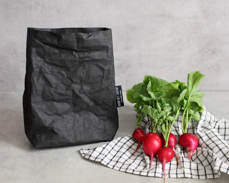 Paper lunch bag, Washable Paper lunch bag, Vegan Leather lunch bag, reusable, food storage, minimalistic, eco, zero waste, cutlery set Black