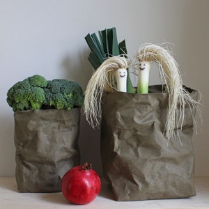 Sustainable storage, Khaki paper bag, washable paper, storage bag, basket, bin, pot, planter, Minimalist, Simple living, Green, Eco, Natural