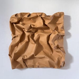 May include: A square, brown paper sculpture with a crumpled texture. The paper is a warm, neutral tone, and the surface is heavily creased, creating shadows and highlights. The artwork is mounted on a white wall.