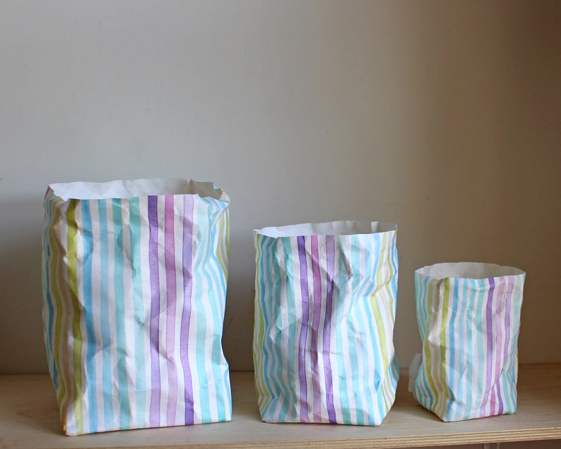 Stripy or Gingham paper basket, washable paper bag, joyful storage, fun storage, retro, candy, pastels, checkered image 7