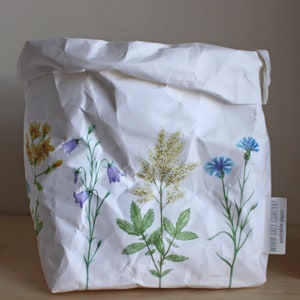 Meadow flowers design paper bag, washable paper basket, nature decor, summer in your home, wild flowers, garden White background