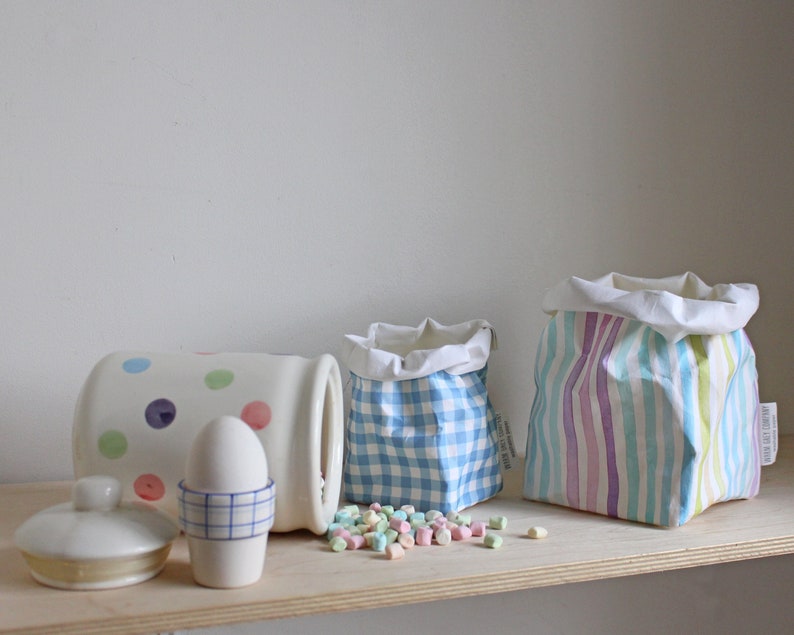 Stripy or Gingham paper basket, washable paper bag, joyful storage, fun storage, retro, candy, pastels, checkered image 2