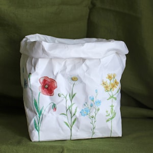 Meadow flowers design paper bag, washable paper basket, nature decor, summer in your home, wild flowers, garden image 6