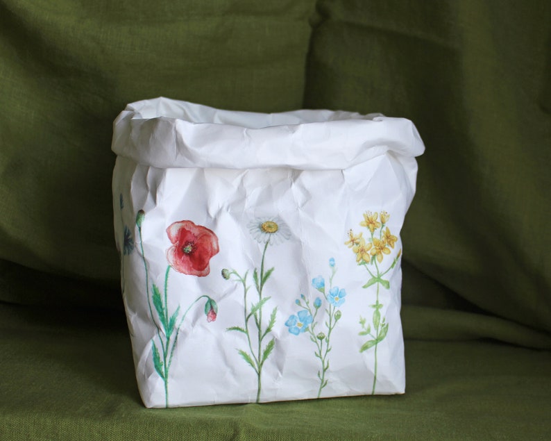Meadow flowers design paper bag, washable paper basket, nature decor, summer in your home, wild flowers, garden image 6