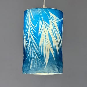 Cyanotype Print Lampshade - Washable Paper, Tree and Leaves Design, Blue & White Home Decor, Pendant lamp
