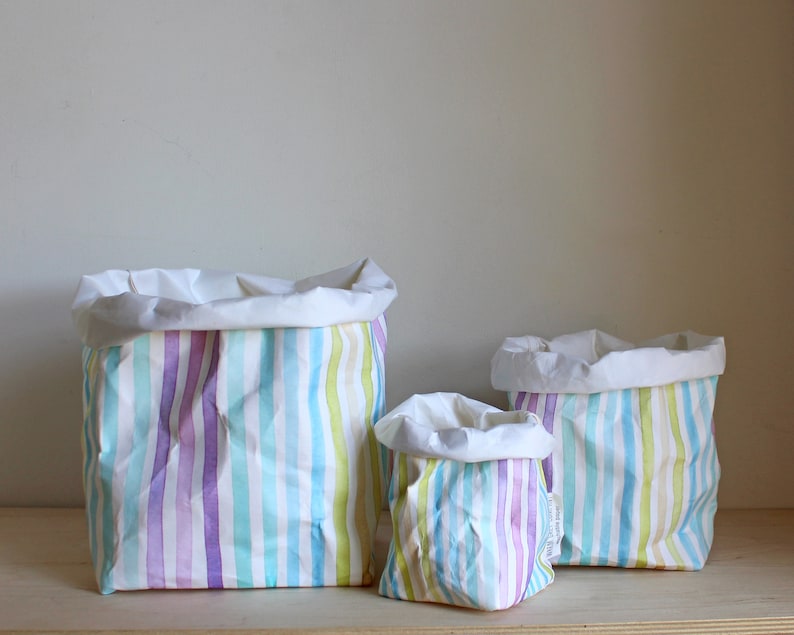 Stripy or Gingham paper basket, washable paper bag, joyful storage, fun storage, retro, candy, pastels, checkered image 6