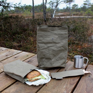 Paper lunch bag, Washable Paper lunch bag, Vegan Leather lunch bag, reusable, food storage, minimalistic, eco, zero waste, cutlery set Khaki