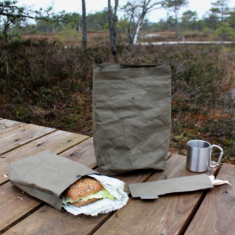 Sac à lunch en papier, sac à lunch en papier lavable, sac à lunch en cuir végétalien, réutilisable, rangement des aliments, minimaliste, écologique, zéro déchet, ensemble de couverts Khaki