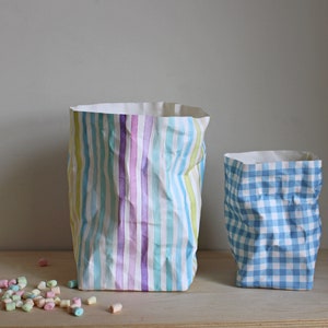 Stripy or Gingham paper basket, washable paper bag, joyful storage, fun storage, retro, candy, pastels, checkered image 3