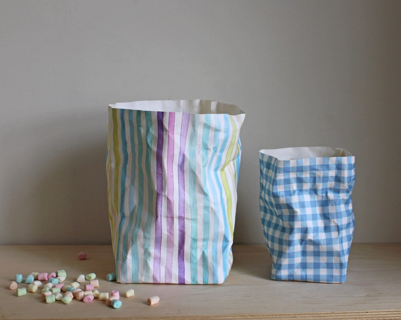 Stripy or Gingham paper basket, washable paper bag, joyful storage, fun storage, retro, candy, pastels, checkered image 3