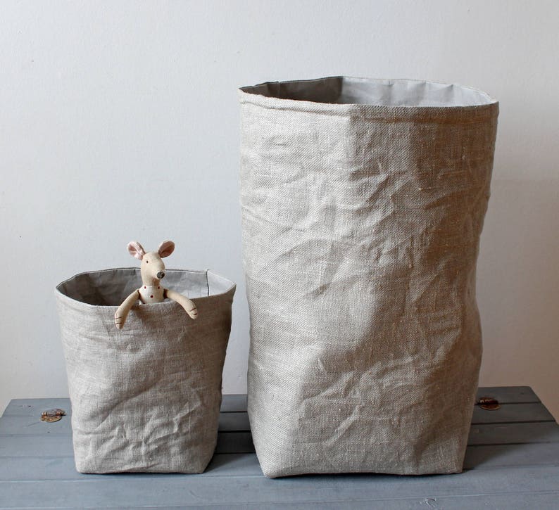 Linen basket, Linen storage bag, washable paper bag, Kitchen storage, bread basket, home decor, hamper, rustic style, wabi-sabi image 2