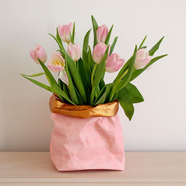 Pastel pink and Copper paper pot, washable paper, hamper basket, paper storage bag, blush pink, peach pink, Bathroom storage, home decor