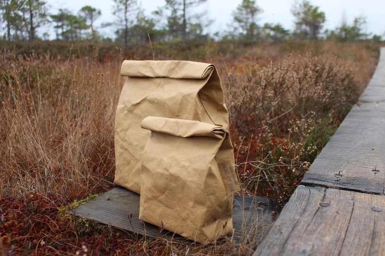 Paper lunch bag, Washable Paper lunch bag, Vegan Leather lunch bag, reusable, food storage, minimalistic, eco, zero waste, cutlery set Brown