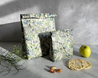 Sac à lunch en papier, sac à lunch en papier lavable, réutilisable, minimaliste, écologique, zéro déchet, imprimé myrtilles