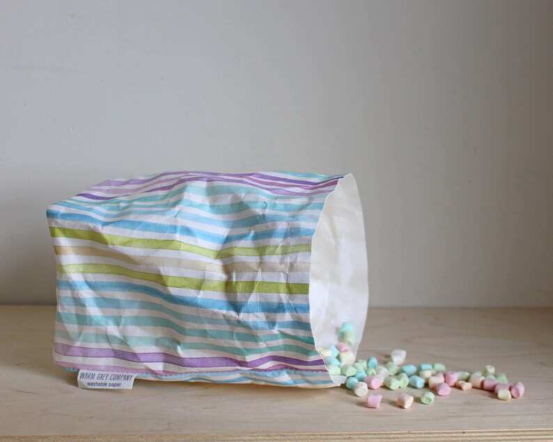 Stripy or Gingham paper basket, washable paper bag, joyful storage, fun storage, retro, candy, pastels, checkered image 4