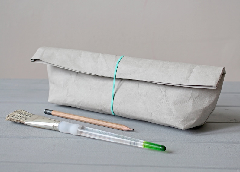 Pencil Case, grey washable paper bag, Concrete look, Minimalist style, Desk organizer, Artist, Architect, Back to School image 2