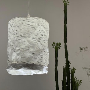 Puede incluir: Lámpara colgante cilíndrica blanca con un patrón de rayas negras. La lámpara cuelga de un cable blanco. Un cactus verde alto y otras plantas en el fondo. Iluminación decorativa.