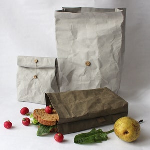 Sac à lunch en papier, sac à lunch en papier lavable, sac à lunch en cuir végétalien, réutilisable, rangement des aliments, minimaliste, écologique, zéro déchet, ensemble de couverts image 1