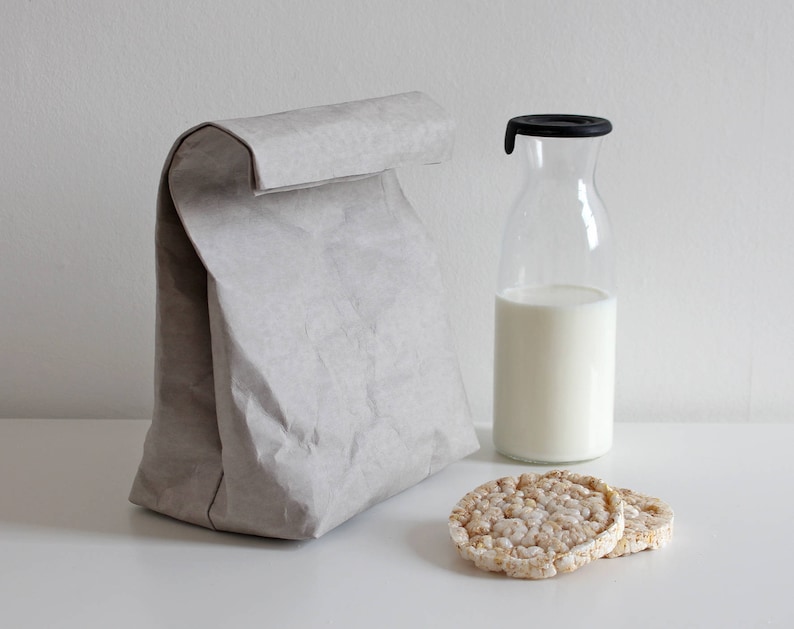 Sac à lunch en papier, sac à lunch en papier lavable, sac à lunch en cuir végétalien, réutilisable, rangement des aliments, minimaliste, écologique, zéro déchet, ensemble de couverts Gris