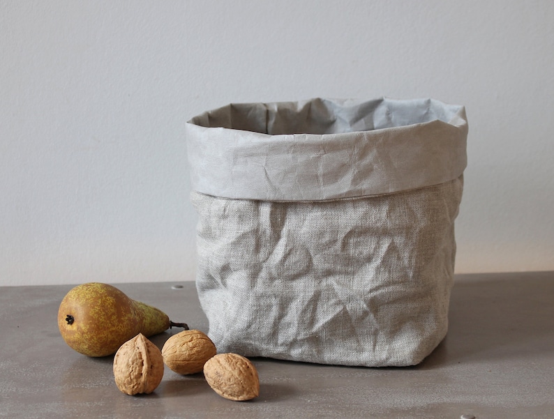 Linen basket, Linen storage bag, washable paper bag, Kitchen storage, bread basket, home decor, hamper, rustic style, wabi-sabi image 4