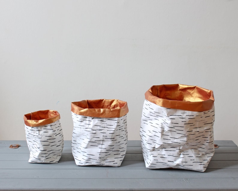 Birch Bark design paper baskets, washable paper bags, Nordic Style, Scandinavian, interior decor, Easter Copper lining inside