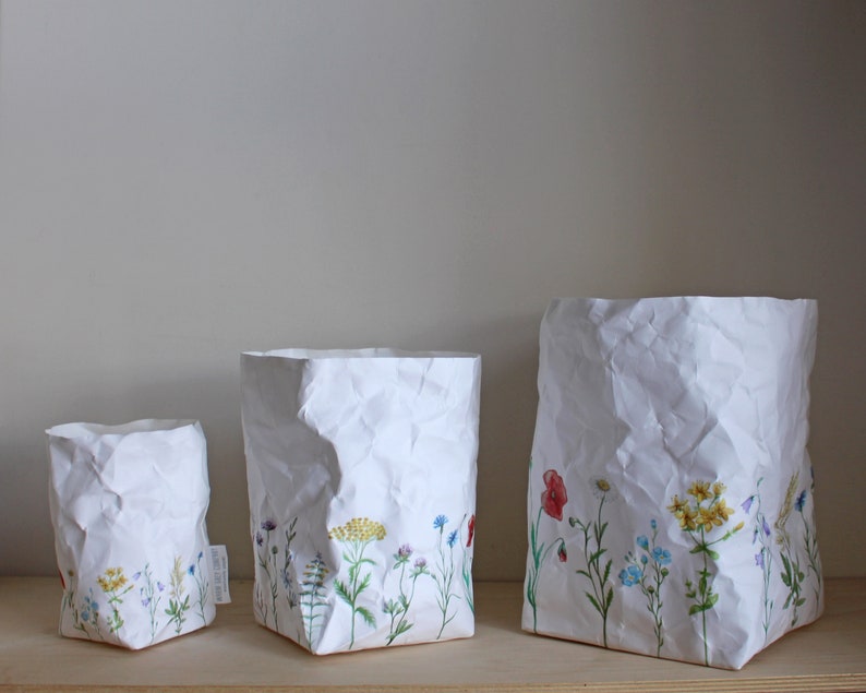 Meadow flowers design paper bag, washable paper basket, nature decor, summer in your home, wild flowers, garden image 3