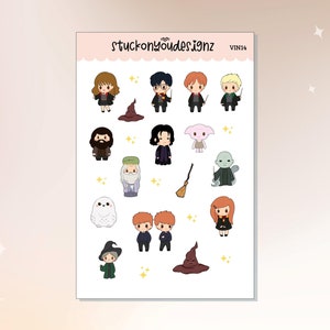 May include: A sheet of stickers featuring characters from the Harry Potter series. The stickers are in a cartoon style and include characters like Harry Potter, Ron Weasley, Hermione Granger, and Draco Malfoy. The stickers are perfect for adding a touch of magic to your planner, laptop, or water bottle.