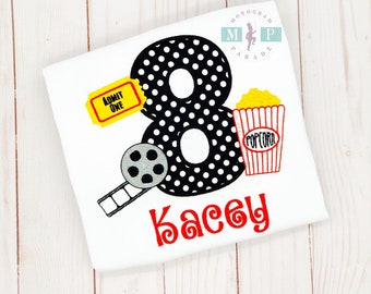Movie Party Shirt Etsy - girls movie birthday shirt any age available movie birthday popcorn birthday movie themed shirt or bodysuit