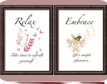 Salon,Parlor, or Office Wall Art. Set of 2 Multiple Size formats. Relax and Embrace, Calm Motivational Prints for Decorating Small Business