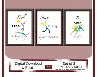 FREE, STRONG, OPEN, is the Theme of this Office Art, Wall Hanging Poster is a set of 3 Manager's Office Decor has an Inspirational Message