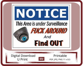 Surveillance Sign Fuck Around and Find Out, Popular TikTok saying, Easy to Download and Print for Home or Office posting. PDF, JPEG, PNG