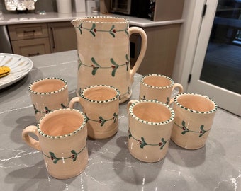 Pottery pitcher and six mugs, Neiman Marcus drinkware, Holiday pitcher and mugs, Pottery pitcher and mugs, Italian pottery, serving ware