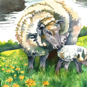 Pode incluir: Pintura em aquarela de uma ovelha e um cordeiro em um campo de flores amarelas. A ovelha tem um casaco fofo, creme, e o cordeiro está perto. O fundo apresenta grama verde e um rio.