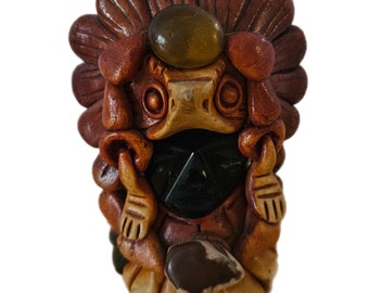 Vintage Handmade Black Onyx, Clay, and Natural Semi Precious Stone Mayan Aztec Warrior Figurine